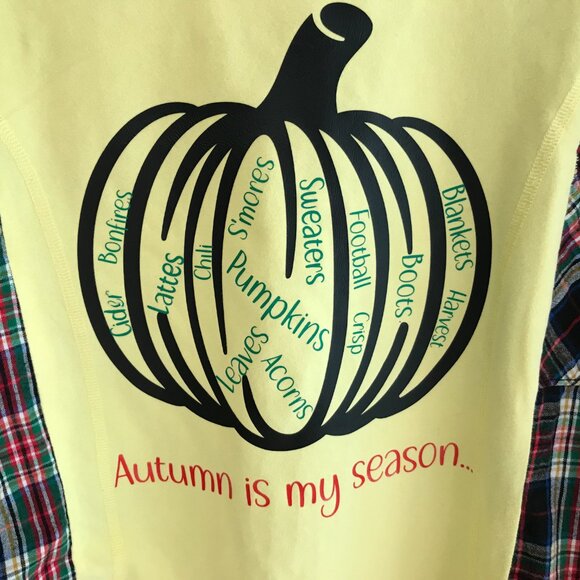 Flannel Tee Upcycle, Autumn Pumpkin Graphic, Size S-M: Oversized Long-Sleeved - Picture 11 of 12